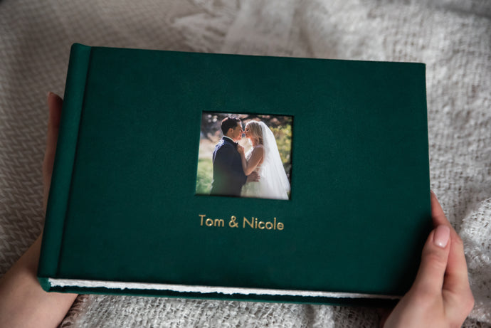 Cotton Rag ArtBook shown here with hand-torn, deckled edge pages, cameo cover photo and gold foil lettering (standard embossing). 