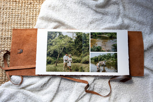 Hahnemuhle Baryta Bamboo fine art album from QTALBUMS with hand-torn, deckled-edge pages in special Journal-style cover.