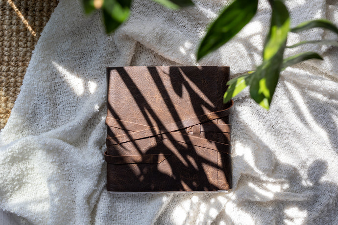 Hahnemuhle Baryta Bamboo fine art album from QTALBUMS with hand-torn, deckled-edge pages in special Journal-style cover.