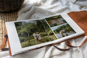 Hahnemuhle Baryta Bamboo fine art album from QTALBUMS with hand-torn, deckled-edge pages in special Journal-style cover.